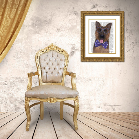 German Shepherd with Glasses and Bow Tie Gold Ornate Wood Framed Art Print with Double Matting by Fab Funky