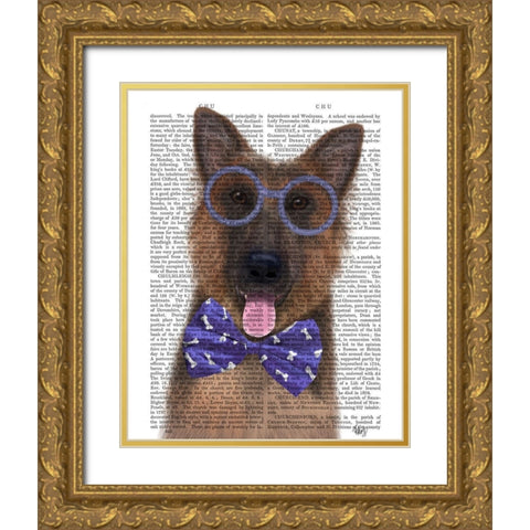 German Shepherd with Glasses and Bow Tie Gold Ornate Wood Framed Art Print with Double Matting by Fab Funky