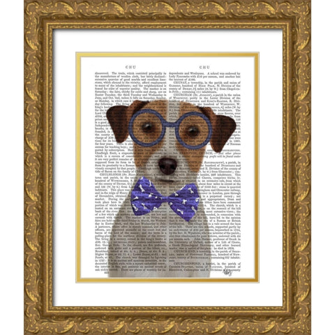 Jack Russell with Glasses and Bow Tie Gold Ornate Wood Framed Art Print with Double Matting by Fab Funky