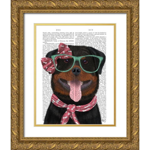 Rottweiler with Glasses and Scarf Gold Ornate Wood Framed Art Print with Double Matting by Fab Funky