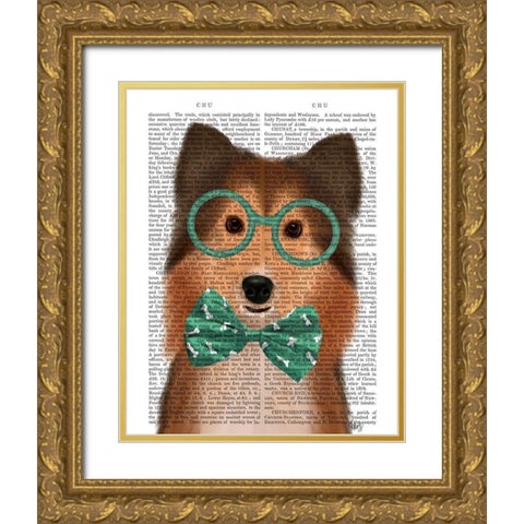 Shetland Sheepdog with Glasses and Bow Tie Gold Ornate Wood Framed Art Print with Double Matting by Fab Funky