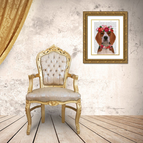 Beagle Flower Headdress Gold Ornate Wood Framed Art Print with Double Matting by Fab Funky