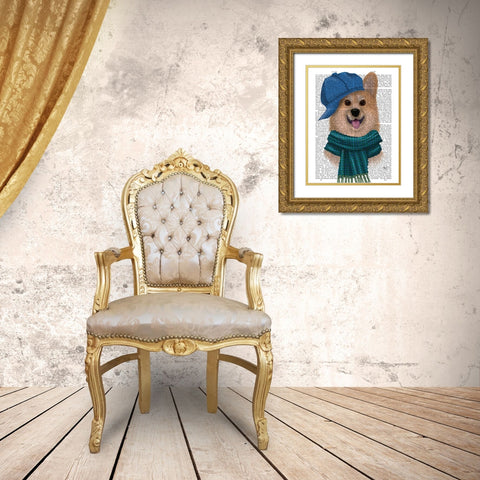 Corgi Baseball Hat and Scarf Gold Ornate Wood Framed Art Print with Double Matting by Fab Funky
