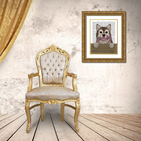 Husky and Rope Bone Gold Ornate Wood Framed Art Print with Double Matting by Fab Funky