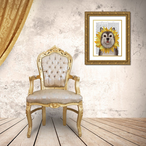 Husky Sunflower Gold Ornate Wood Framed Art Print with Double Matting by Fab Funky