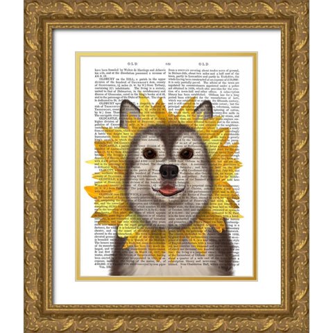 Husky Sunflower Gold Ornate Wood Framed Art Print with Double Matting by Fab Funky