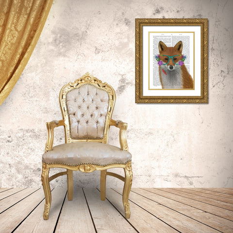 Fox and Flower Glasses Gold Ornate Wood Framed Art Print with Double Matting by Fab Funky