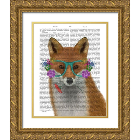 Fox and Flower Glasses Gold Ornate Wood Framed Art Print with Double Matting by Fab Funky
