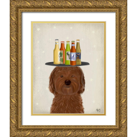 Labradoodle Brown Beer Lover Gold Ornate Wood Framed Art Print with Double Matting by Fab Funky