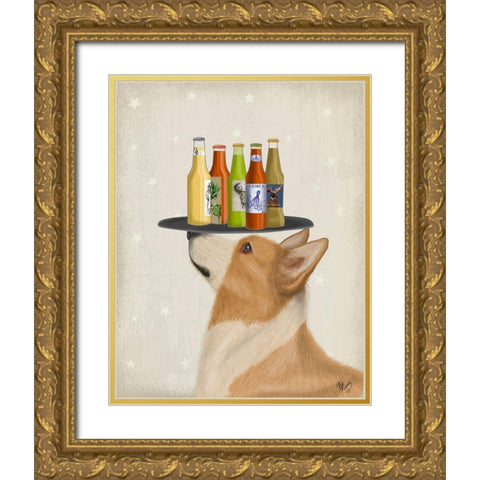 Corgi Tan White Beer Lover Gold Ornate Wood Framed Art Print with Double Matting by Fab Funky