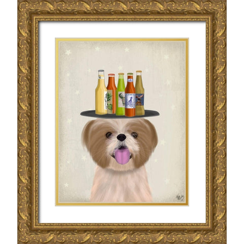 Shih Tzu Beer Lover Gold Ornate Wood Framed Art Print with Double Matting by Fab Funky