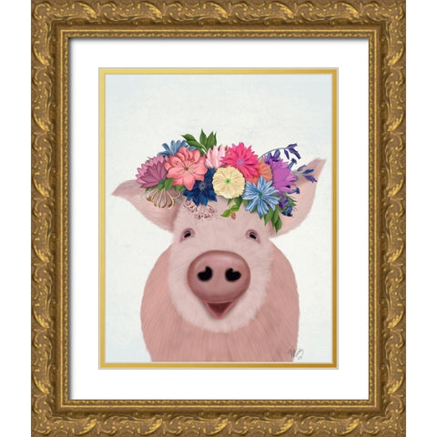 Pig and Flower Crown Gold Ornate Wood Framed Art Print with Double Matting by Fab Funky