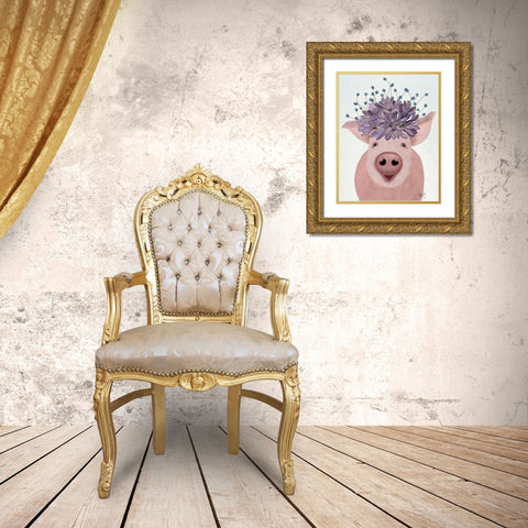 Pig and Lilac Flowers Gold Ornate Wood Framed Art Print with Double Matting by Fab Funky