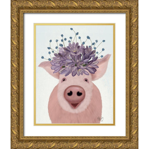 Pig and Lilac Flowers Gold Ornate Wood Framed Art Print with Double Matting by Fab Funky