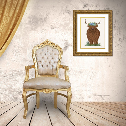 Highland Cow with Flower Crown 2, Full Gold Ornate Wood Framed Art Print with Double Matting by Fab Funky