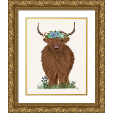 Highland Cow with Flower Crown 2, Full Gold Ornate Wood Framed Art Print with Double Matting by Fab Funky