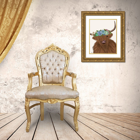 Highland Cow with Flower Crown 2, Portrait Gold Ornate Wood Framed Art Print with Double Matting by Fab Funky
