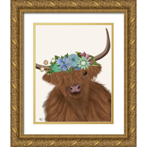 Highland Cow with Flower Crown 2, Portrait Gold Ornate Wood Framed Art Print with Double Matting by Fab Funky