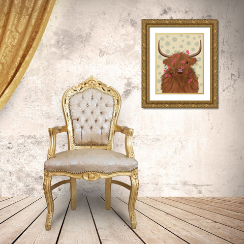 Highland Cow 1, Pink Flowers Gold Ornate Wood Framed Art Print with Double Matting by Fab Funky