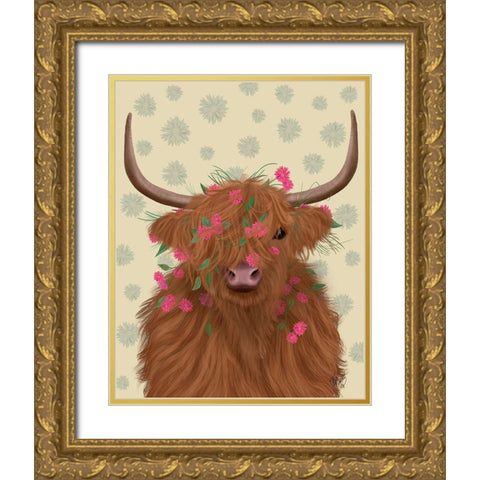 Highland Cow 1, Pink Flowers Gold Ornate Wood Framed Art Print with Double Matting by Fab Funky