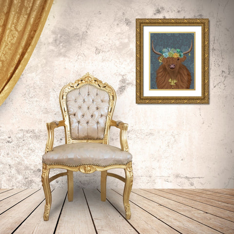 Highland Cow Bohemian 1 Gold Ornate Wood Framed Art Print with Double Matting by Fab Funky