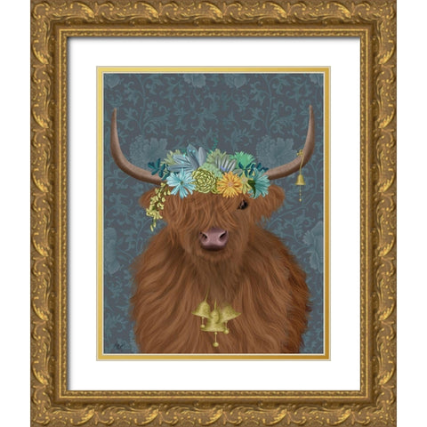 Highland Cow Bohemian 1 Gold Ornate Wood Framed Art Print with Double Matting by Fab Funky