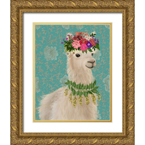 Llama Bohemian 2 Gold Ornate Wood Framed Art Print with Double Matting by Fab Funky