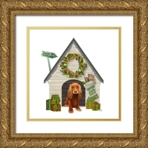 Christmas Des - Christmas Kennel - Cottage Gold Ornate Wood Framed Art Print with Double Matting by Fab Funky