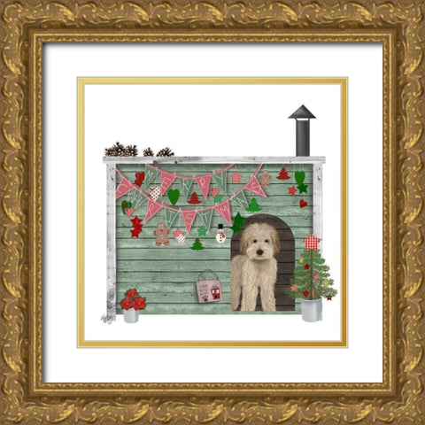 Christmas Des - Christmas Kennel - Homespun Gold Ornate Wood Framed Art Print with Double Matting by Fab Funky