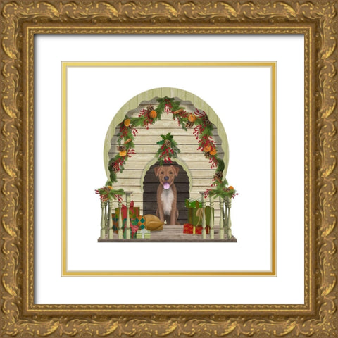 Christmas Des - Christmas Kennel - Williamsburg Gold Ornate Wood Framed Art Print with Double Matting by Fab Funky