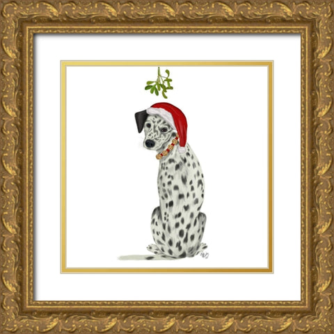 Christmas Des - Dalmatian Mistletoe Gold Ornate Wood Framed Art Print with Double Matting by Fab Funky