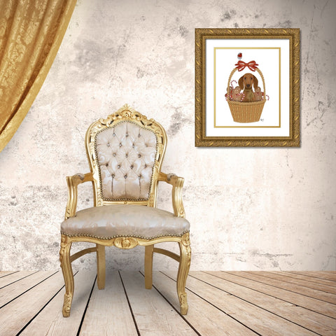 Christmas Des - Dog in Basket with Gingerbread Men Gold Ornate Wood Framed Art Print with Double Matting by Fab Funky