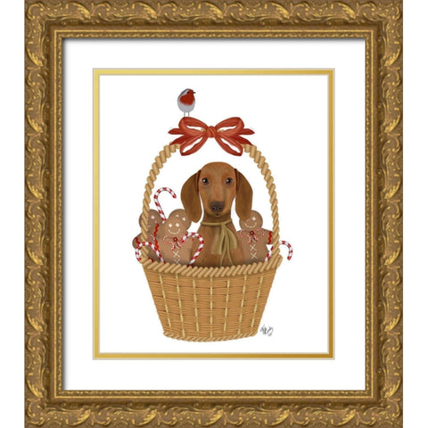 Christmas Des - Dog in Basket with Gingerbread Men Gold Ornate Wood Framed Art Print with Double Matting by Fab Funky