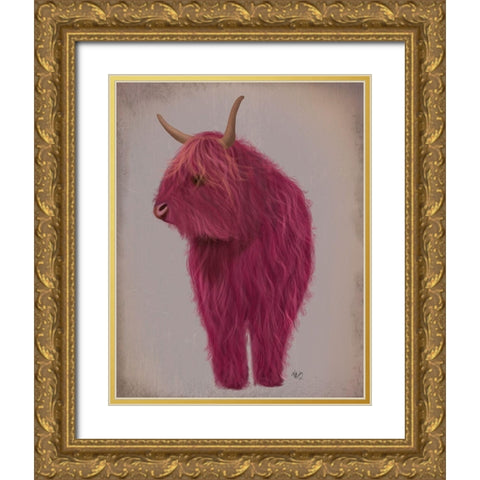 Highland Cow 4, Pink, Full Gold Ornate Wood Framed Art Print with Double Matting by Fab Funky