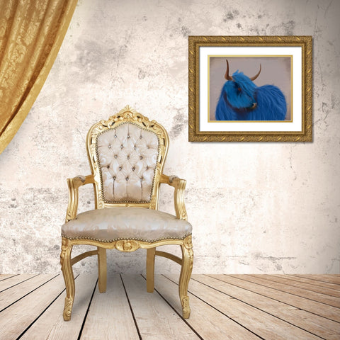 Highland Cow 2, Blue, Portrait Gold Ornate Wood Framed Art Print with Double Matting by Fab Funky