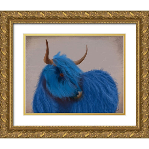 Highland Cow 2, Blue, Portrait Gold Ornate Wood Framed Art Print with Double Matting by Fab Funky