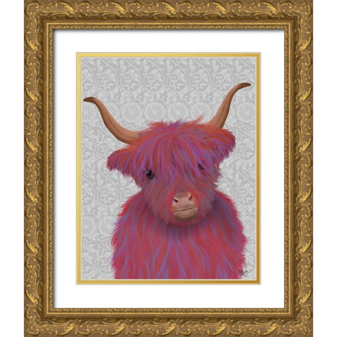 Highland Cow 7, Pink And Purple, Portrait Gold Ornate Wood Framed Art Print with Double Matting by Fab Funky