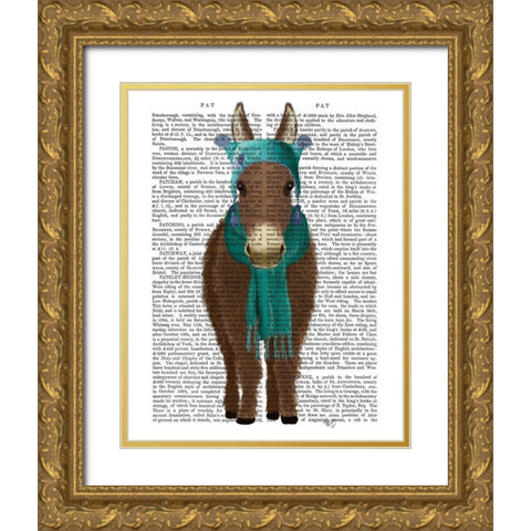 Donkey Blue Hat and Scarf Book Print Gold Ornate Wood Framed Art Print with Double Matting by Fab Funky