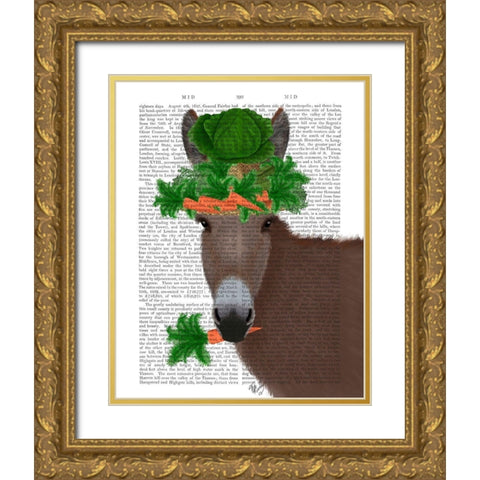 Donkey Carrot Hat Book Print Gold Ornate Wood Framed Art Print with Double Matting by Fab Funky