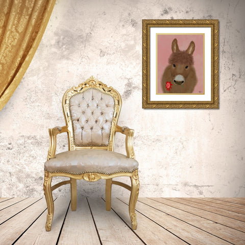 Donkey Red Flower Gold Ornate Wood Framed Art Print with Double Matting by Fab Funky