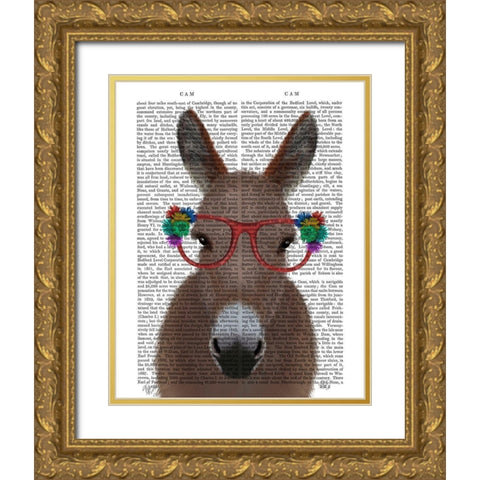 Donkey Red Flower Glasses Book Print Gold Ornate Wood Framed Art Print with Double Matting by Fab Funky