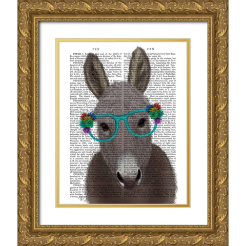 Donkey Turquoise Flower Glasses Book Print Gold Ornate Wood Framed Art Print with Double Matting by Fab Funky