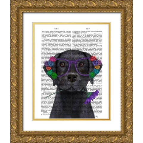 Black Labrador and Flower Glasses Book Print Gold Ornate Wood Framed Art Print with Double Matting by Fab Funky