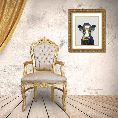 Cow and Flower Glasses Gold Ornate Wood Framed Art Print with Double Matting by Fab Funky