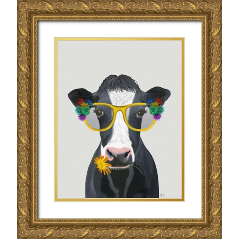 Cow and Flower Glasses Gold Ornate Wood Framed Art Print with Double Matting by Fab Funky