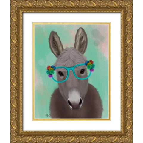 Donkey Turquoise Flower Glasses Gold Ornate Wood Framed Art Print with Double Matting by Fab Funky