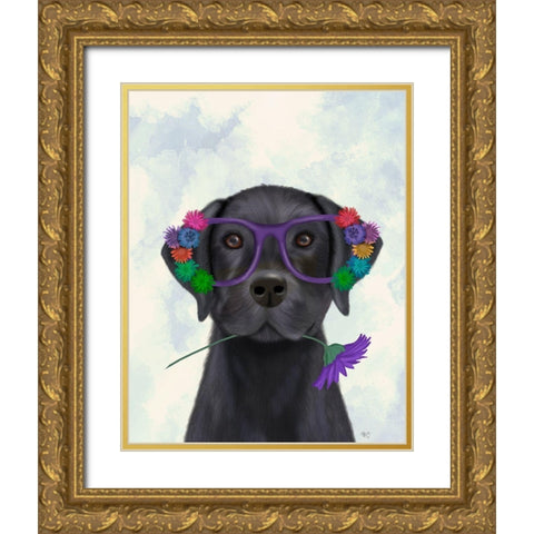 Black Labrador and Flower Glasses Gold Ornate Wood Framed Art Print with Double Matting by Fab Funky