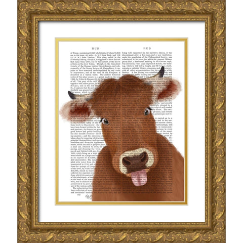 Funny Farm Cow 2 Book Print Gold Ornate Wood Framed Art Print with Double Matting by Fab Funky