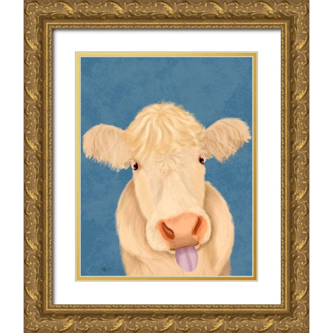 Funny Farm Cow 1 Gold Ornate Wood Framed Art Print with Double Matting by Fab Funky