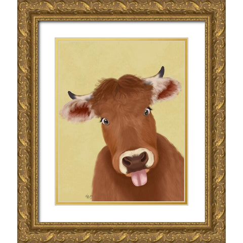 Funny Farm Cow 2 Gold Ornate Wood Framed Art Print with Double Matting by Fab Funky